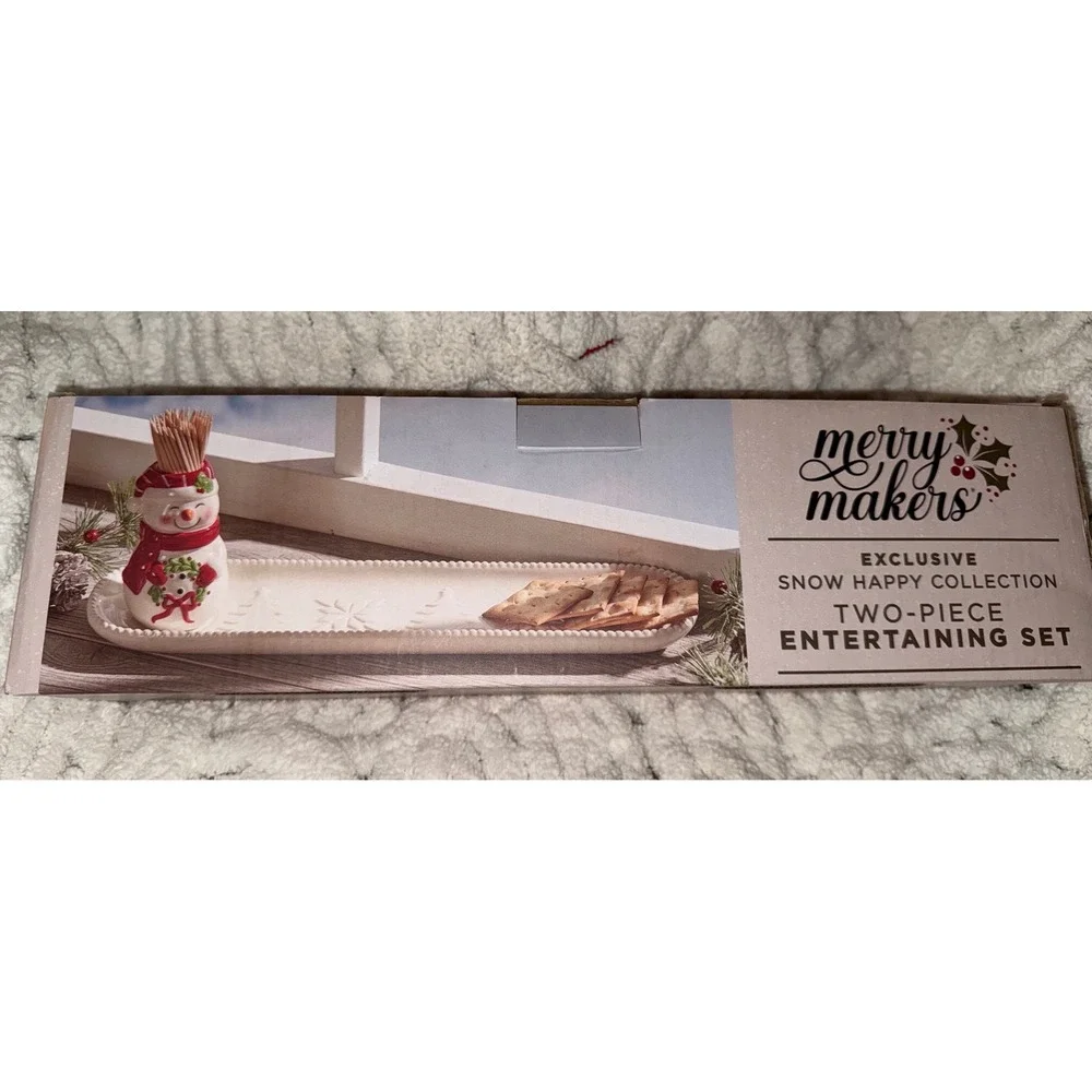 Merry Makers Snow Happy Snowman Toothpick Holder and Serving Tray Set White Red